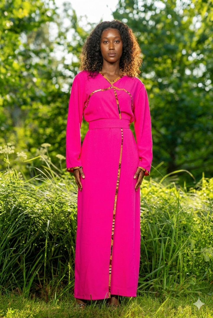 Robe Longue Croisée Fuchsia – Détails "Wax" et Coupe Évasée