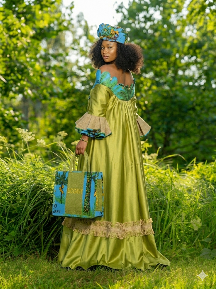 Robe de Gala "Éclat de Jute" – Vert Satiné & Détails Azur avec Accessoires Assortis