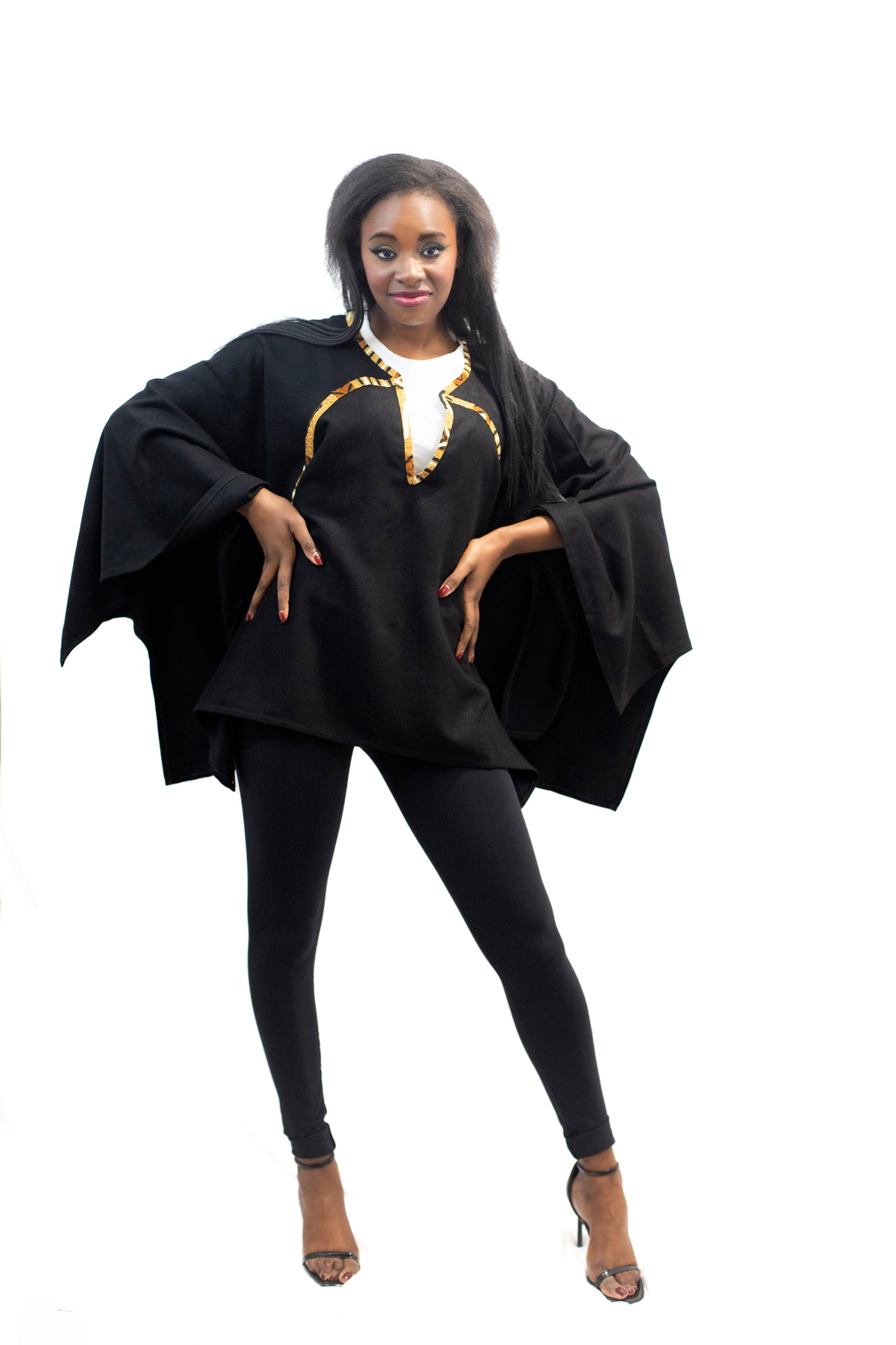 Ensemble 2 en 1 Longue robe sans manches en Crêpe et poncho en Cachemire