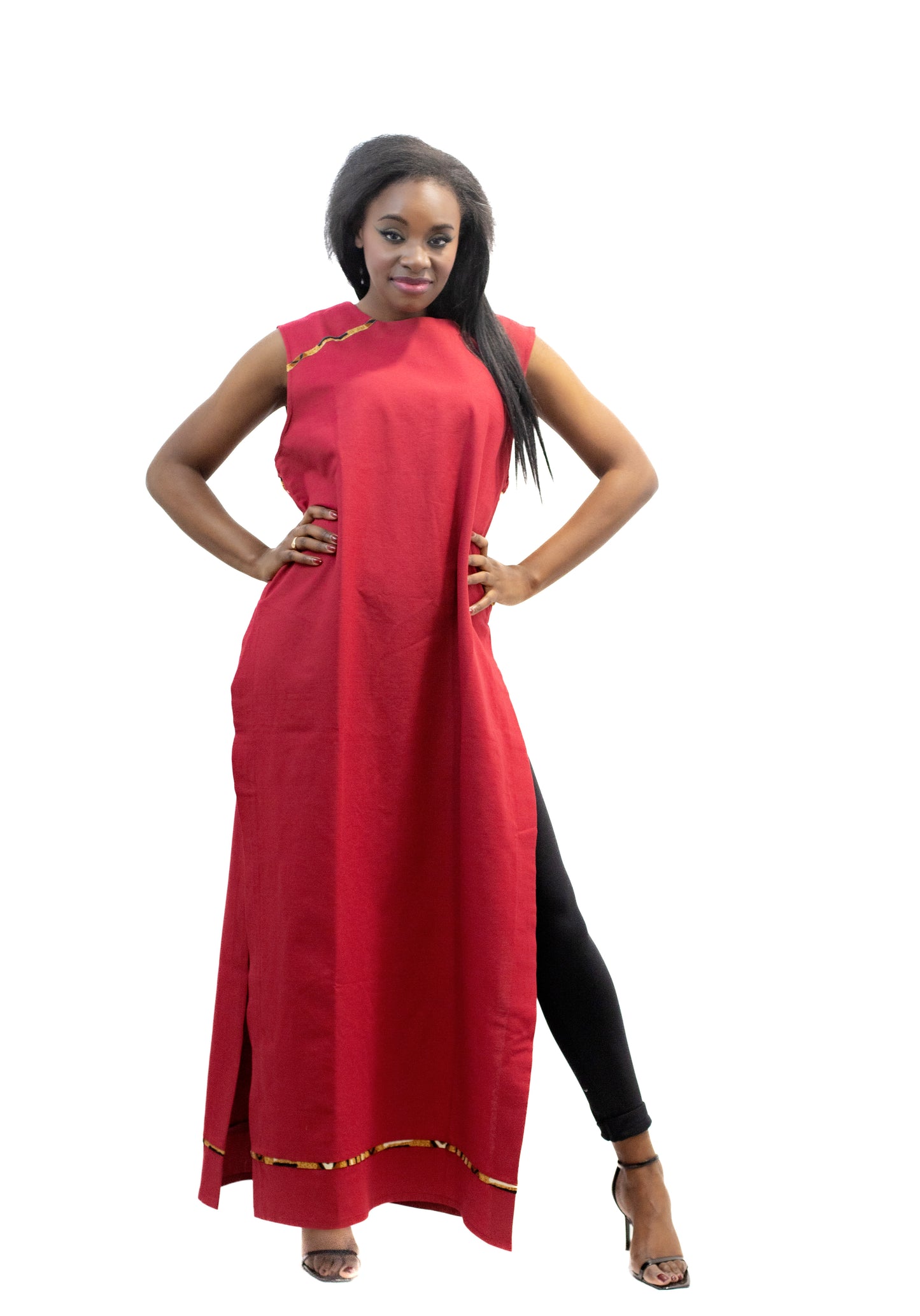 Robe longue Rouge en lin sans manches – Collection IVOIRE