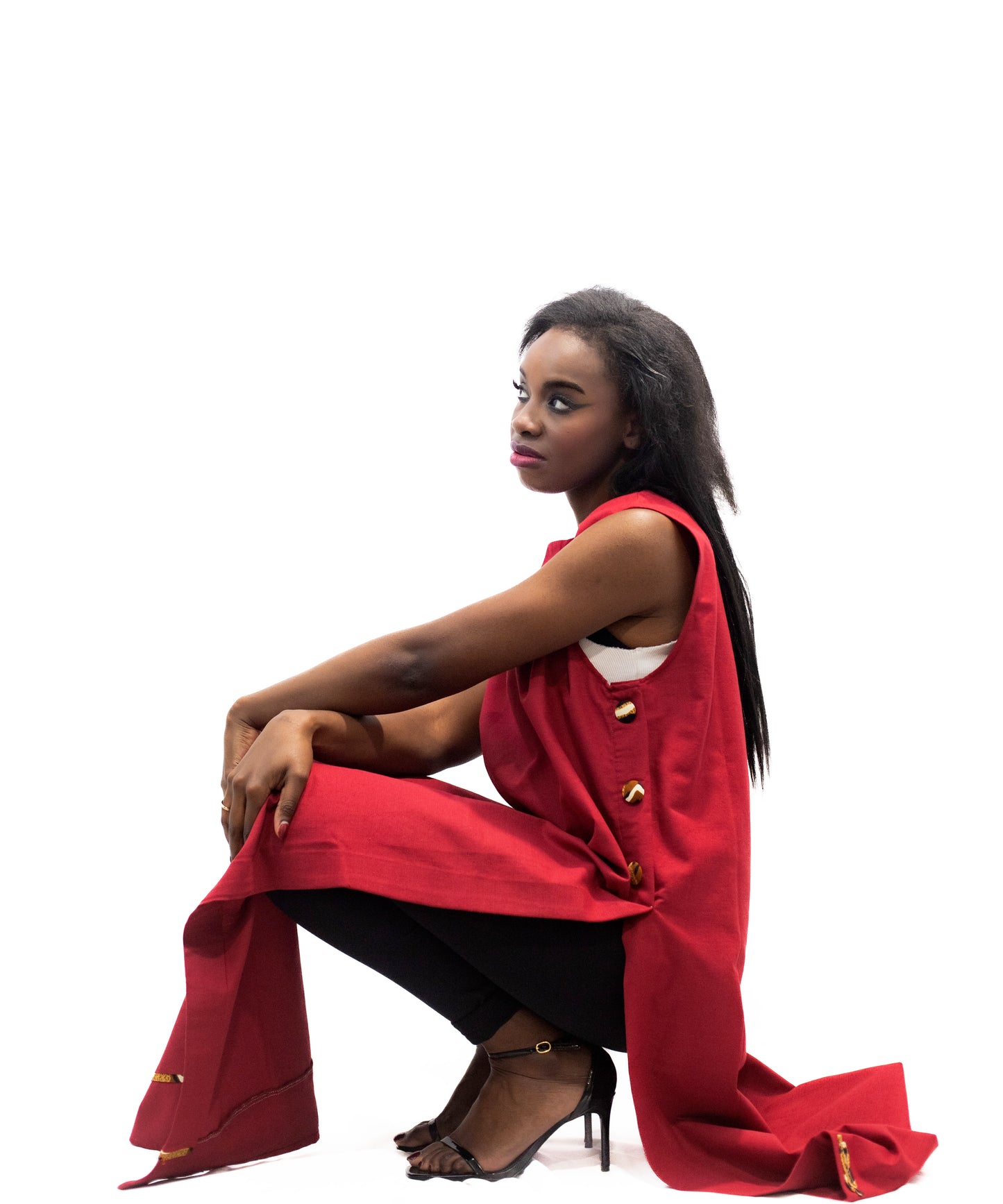 Robe longue Rouge en lin sans manches – Collection IVOIRE