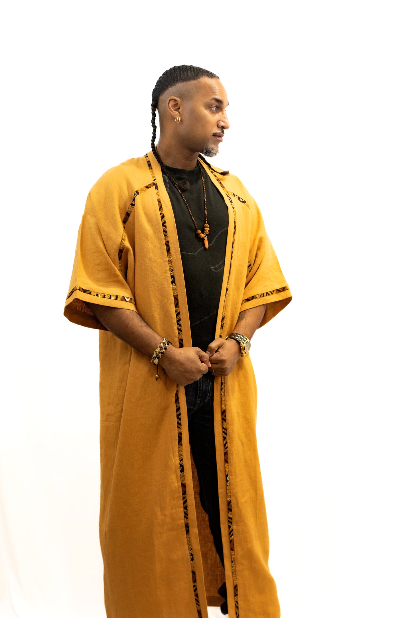 Kimono unisexe long en lin avec détails en Pagne africain et manches courtes