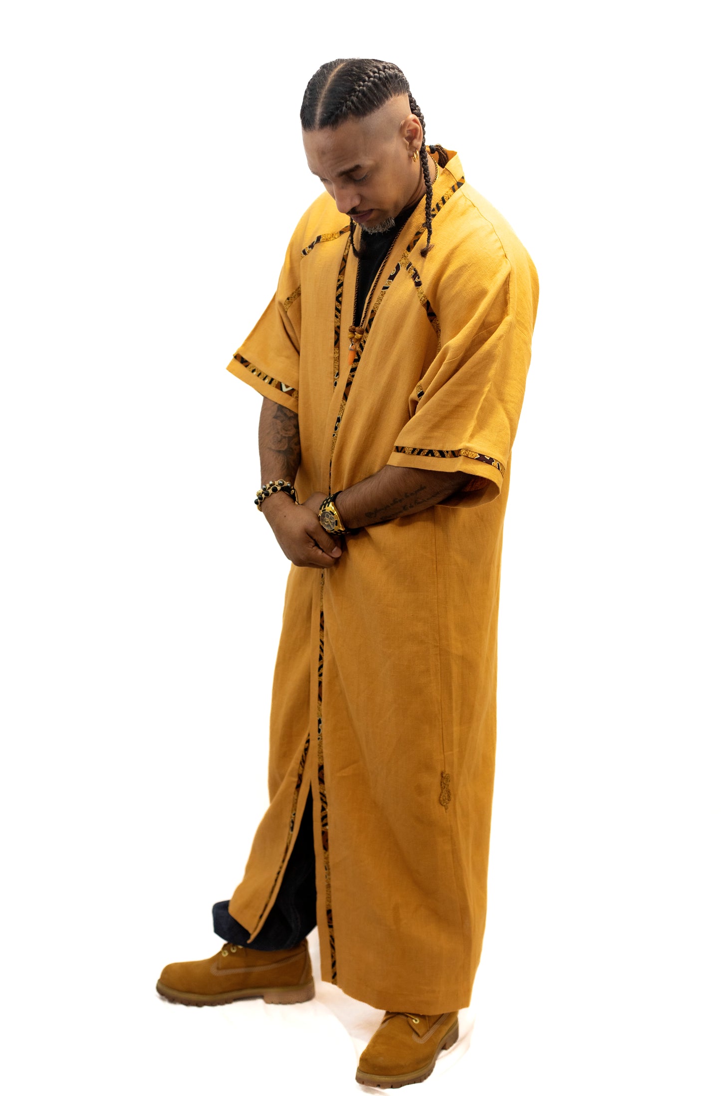 Kimono unisexe long en lin avec détails en Pagne africain et manches courtes
