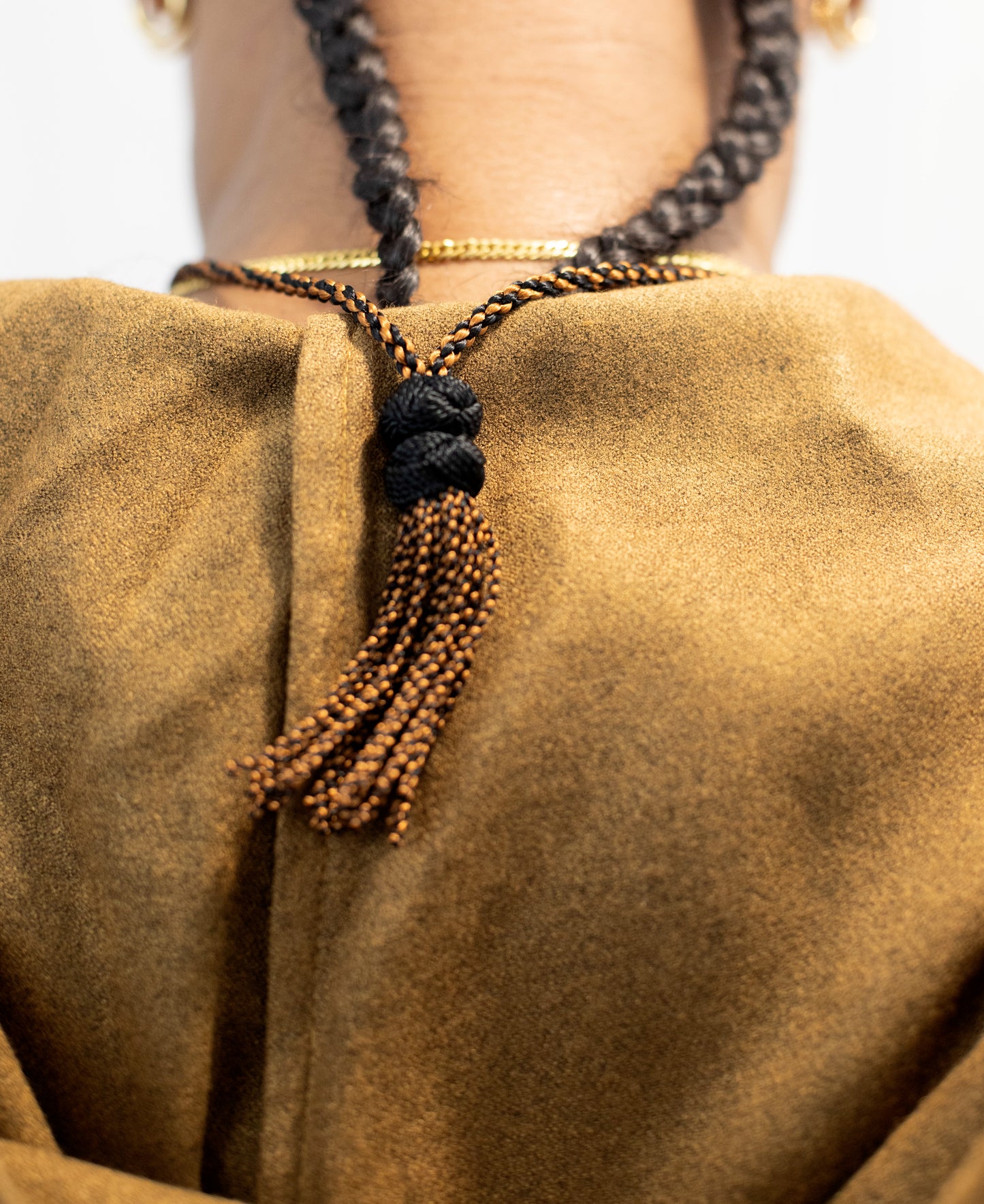Collier ajustable en soie tissée, quartz rose et perles naturelles