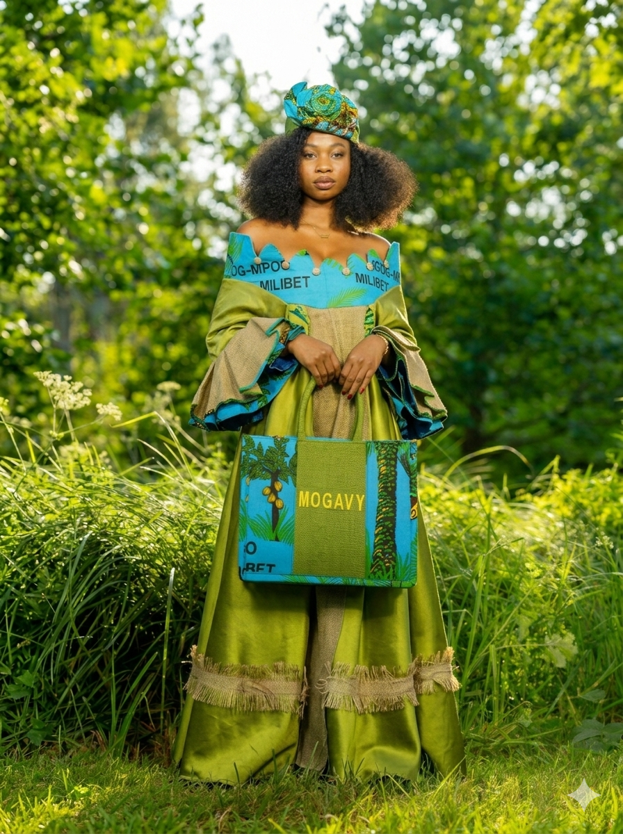 Robe de Gala "Éclat de Jute" – Vert Satiné & Détails Azur avec Accessoires Assortis