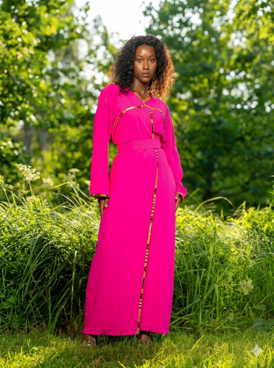 Robe Longue Croisée Fuchsia – Détails "Wax" et Coupe Évasée