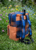 Sac à dos artisanal en tartan bleu & toile de jute orange-Mogavy.Sewing.