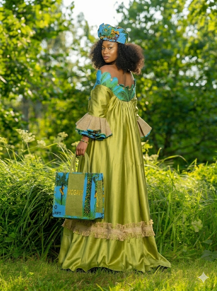 Robe de Gala "Éclat de Jute" – Vert Satiné & Détails Azur avec Accessoires Assortis