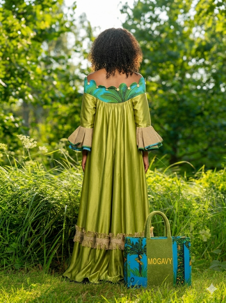 Robe de Gala "Éclat de Jute" – Vert Satiné & Détails Azur avec Accessoires Assortis