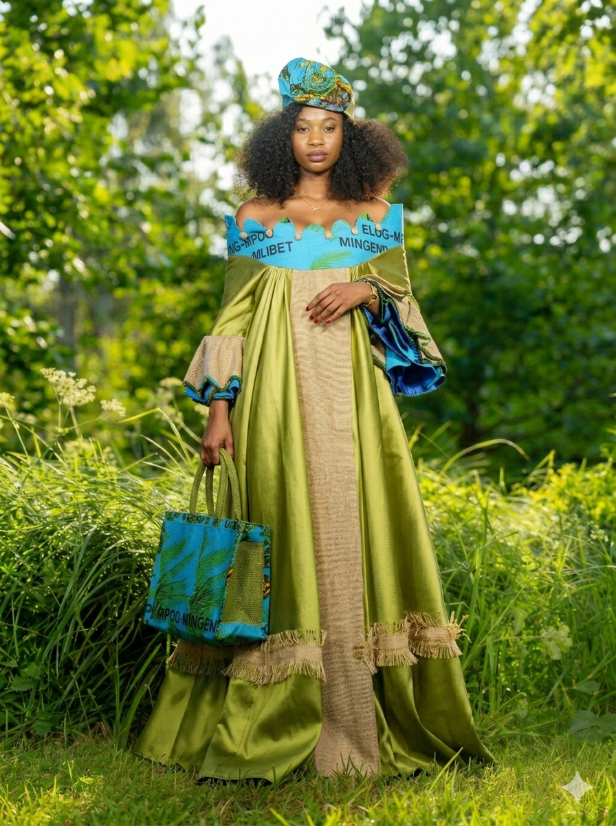 Robe de Gala "Éclat de Jute" – Vert Satiné & Détails Azur avec Accessoires Assortis