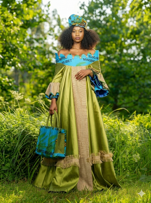 Robe de Gala "Éclat de Jute" – Vert Satiné & Détails Azur
