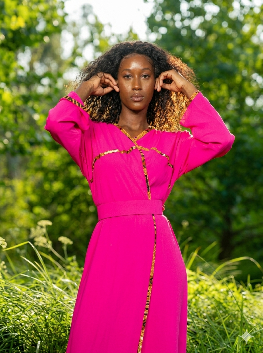 Robe Longue Croisée Fuchsia – Détails "Wax" et Coupe Évasée