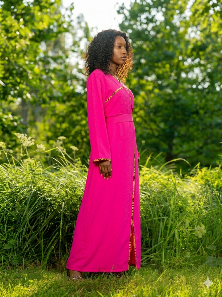 Robe Longue Croisée Fuchsia – Détails "Wax" et Coupe Évasée