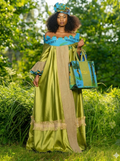 Robe de Gala "Éclat de Jute" – Vert Satiné & Détails Azur