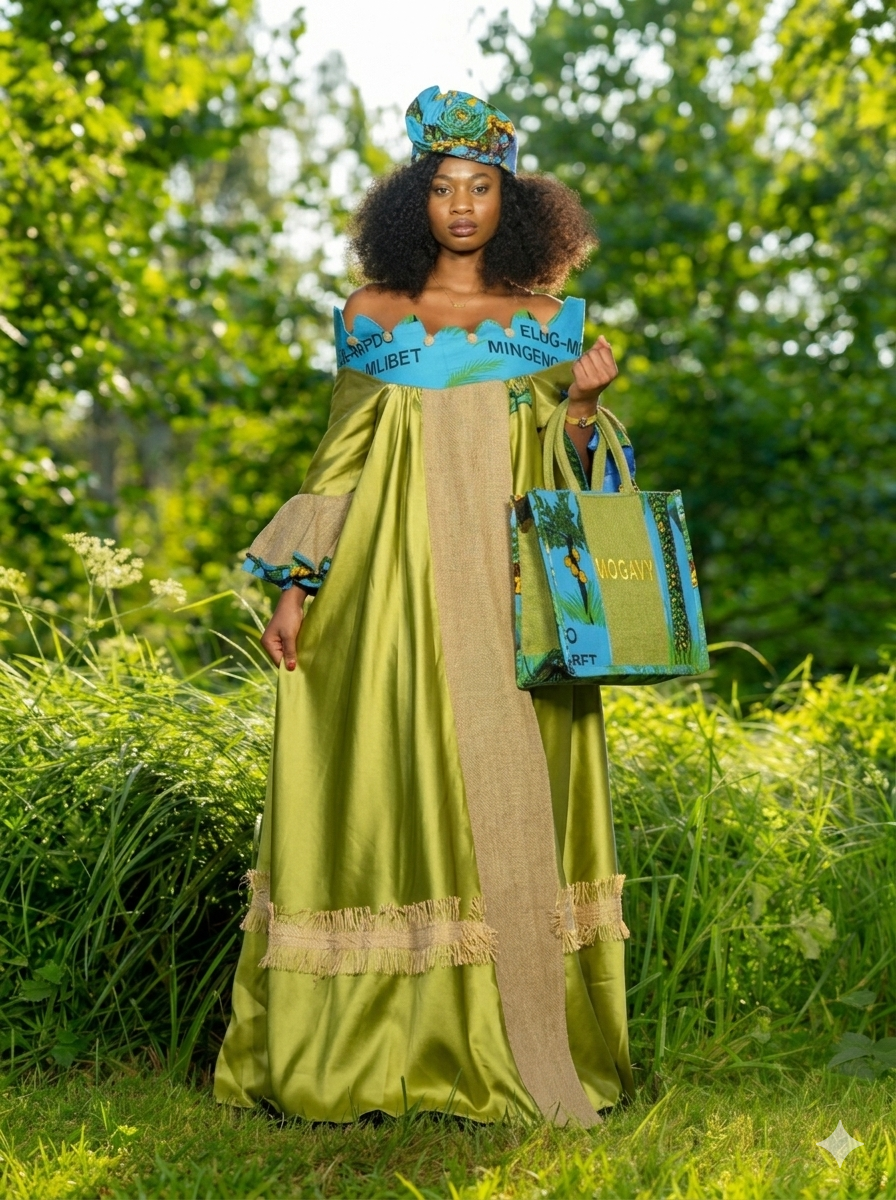 Robe de Gala "Éclat de Jute" – Vert Satiné & Détails Azur avec Accessoires Assortis