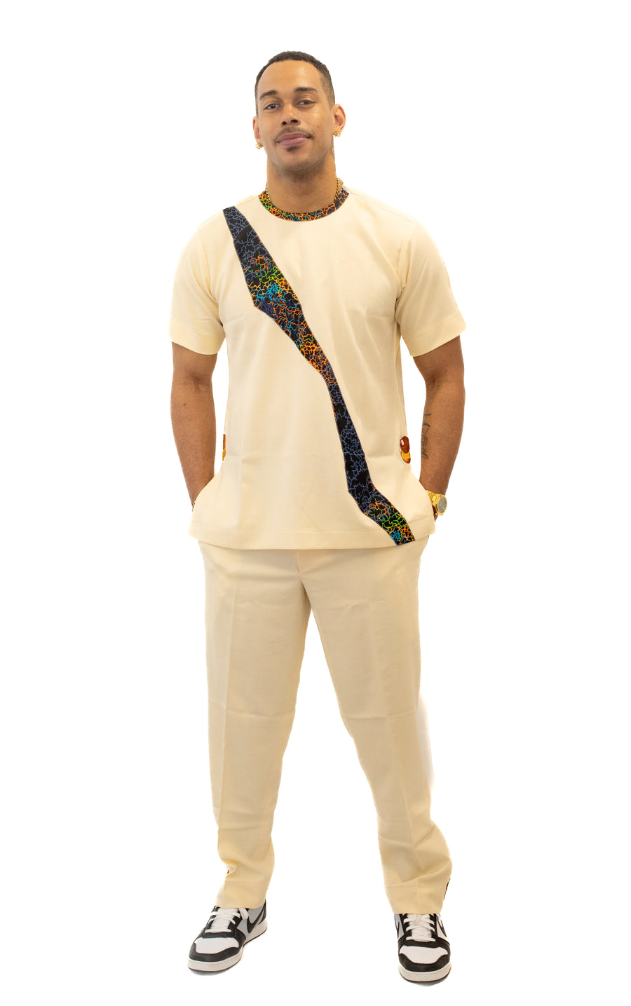 Ensemble manches courtes et pantalon blanc cassé