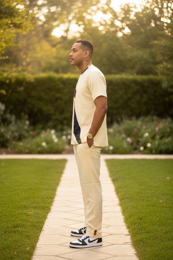 Ensemble manches courtes et pantalon blanc cassé