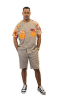 Ensemble chemise col rond & bermuda homme – Sable & détails en pagne africain.