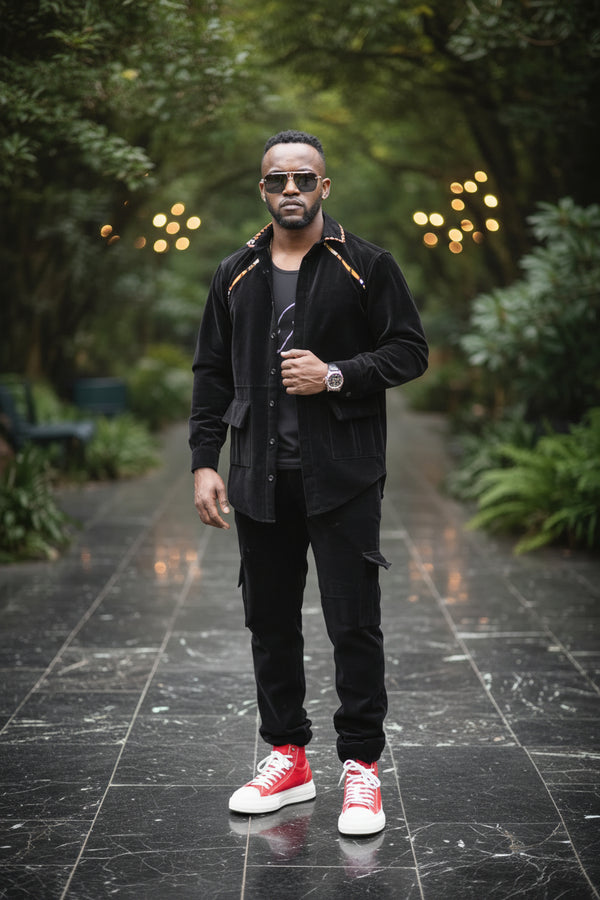 Ensemble homme veste surchemise & pantalon cargo en daim noir