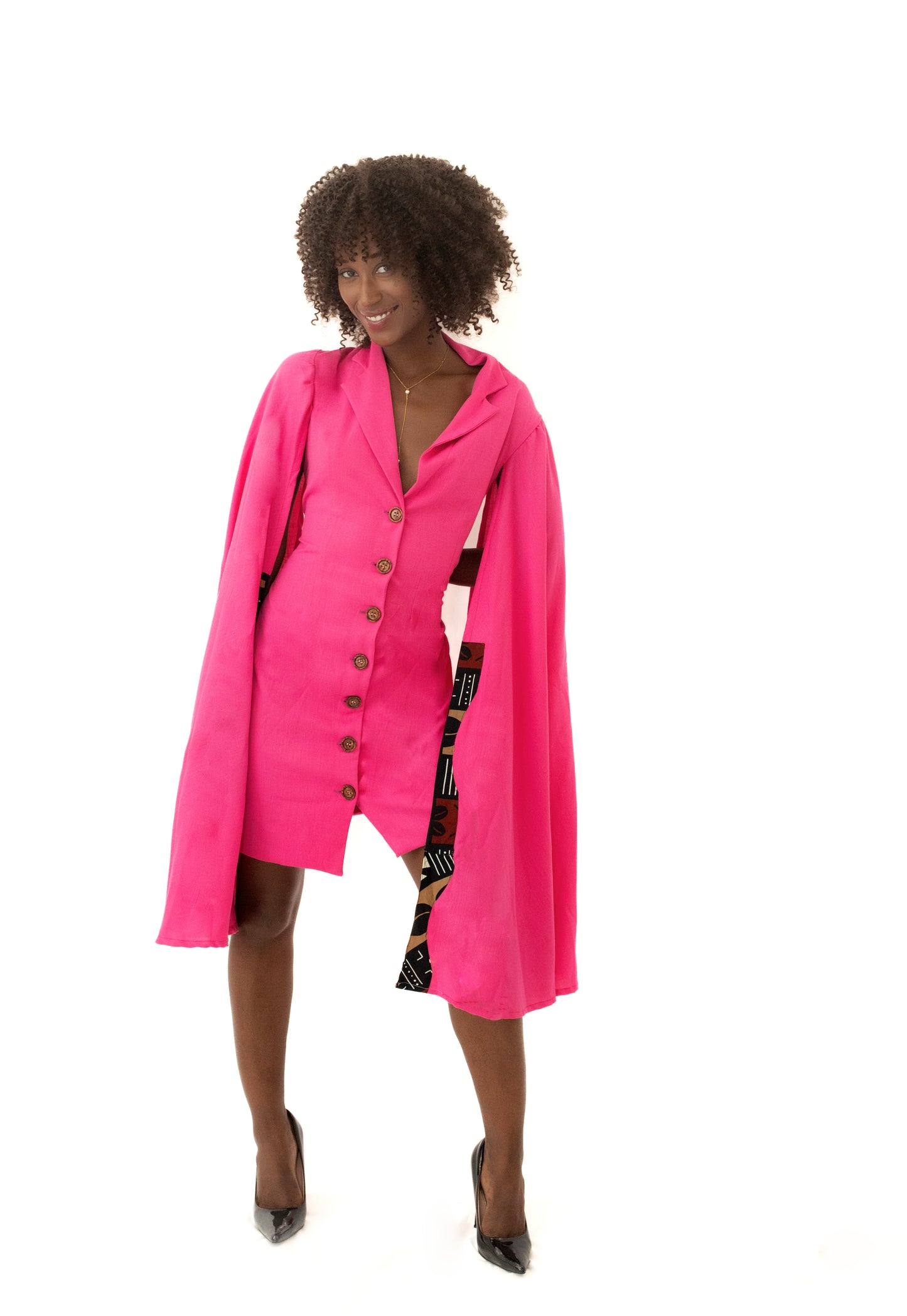 Robe Blazer avec design en Pagne Africain – Rose Élégance