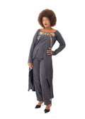Ensemble Tunique Longue et Pantalon avec design en Pagne Africain – Gris Clair