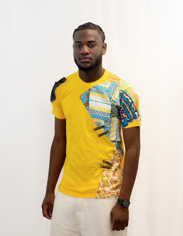 T-shirt jaune Customisé avec Tissus et Pagnes Africains
