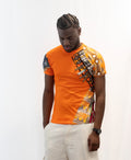 T-shirt orange customisé avec tissus et pagnes africains