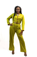Combinaison verte en pantalon, satin de soie avec ceinture artisanale - Confection artisanale