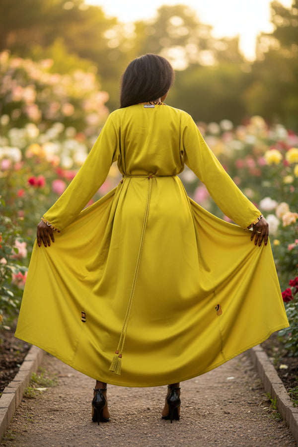 Caftan croisée verte avec touches de pagne africain