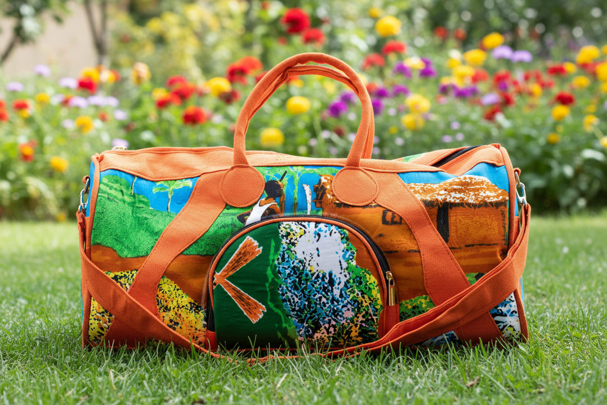 Sac de voyage polochon artisanal en toile de jute et pagne africain