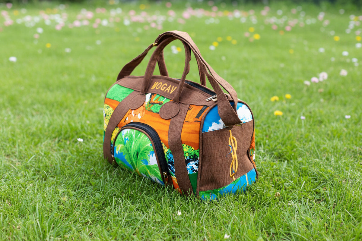 Sac de voyage artisanal "Mogavy". Toile de jute & imprimé évasion africaine.