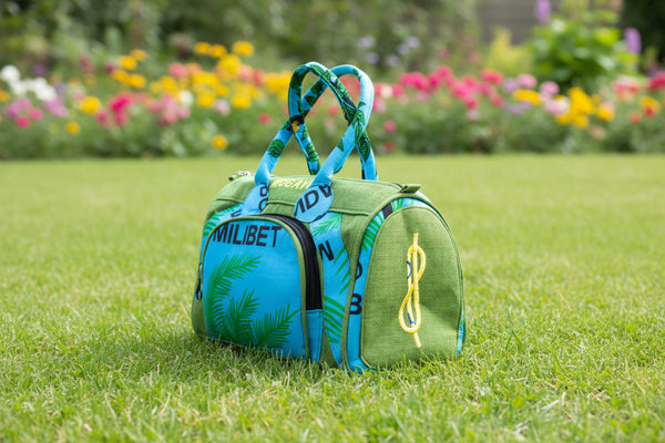 Sac de voyage polochon en toile de jute Vert & pagne africain.