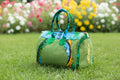 Sac de voyage polochon en toile de jute Vert & pagne africain.
