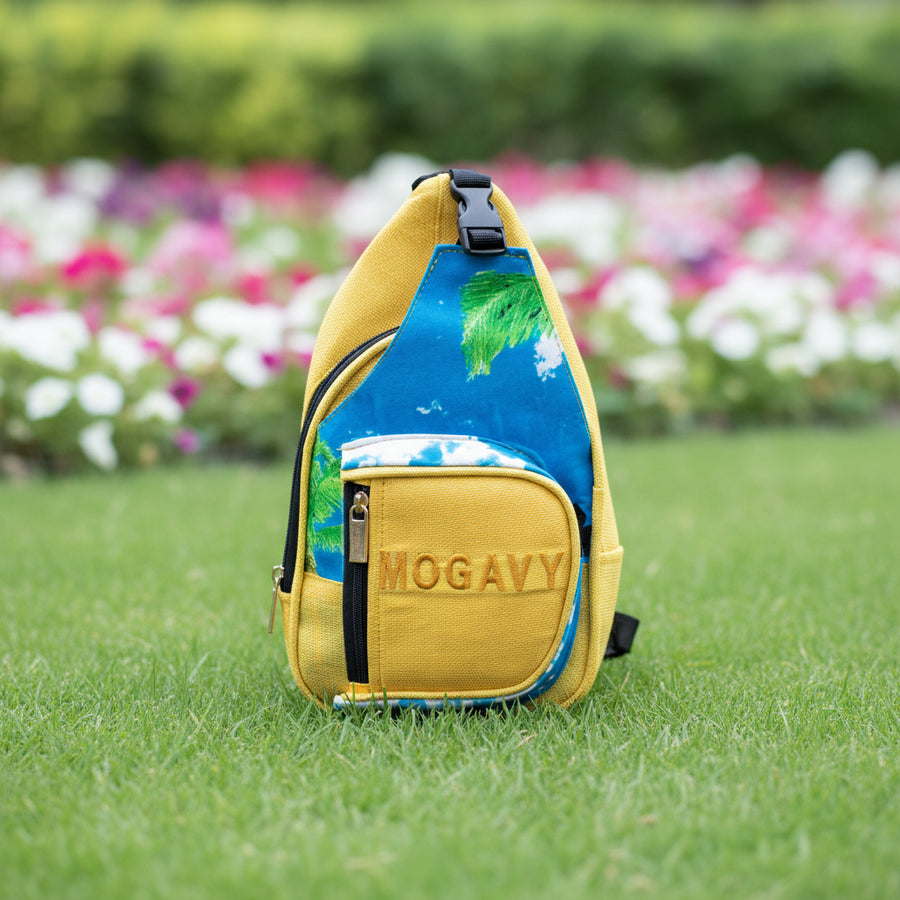 Sac crossbody éco-artisanal jaune moutarde & imprimé tropical