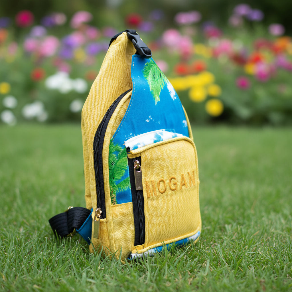 Sac crossbody éco-artisanal jaune moutarde & imprimé tropical