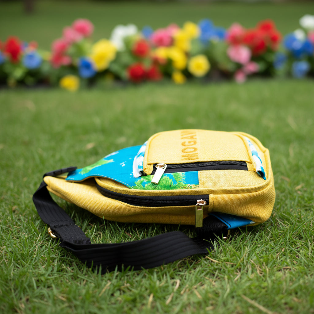 Sac crossbody éco-artisanal jaune moutarde & imprimé tropical