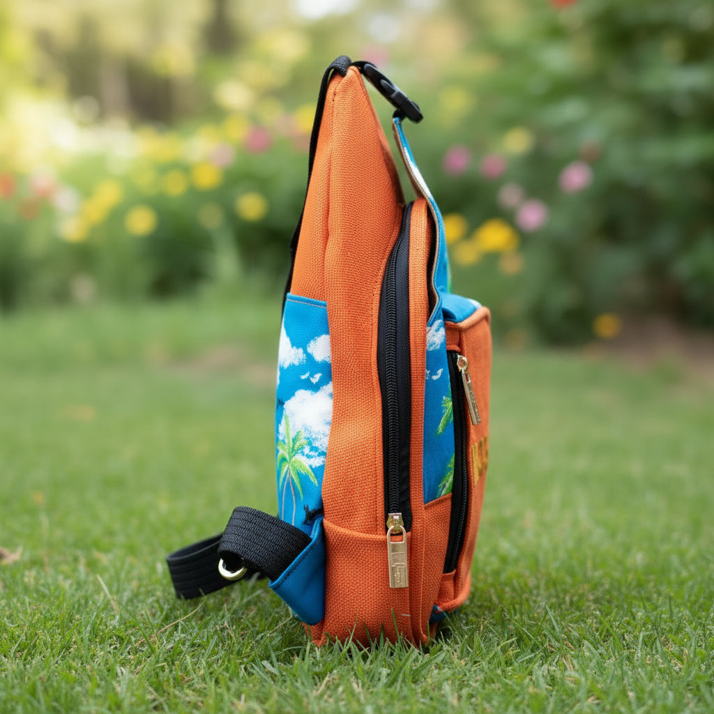 Sac crossbody éco-artisanal orange brique & imprimé ciel tropical