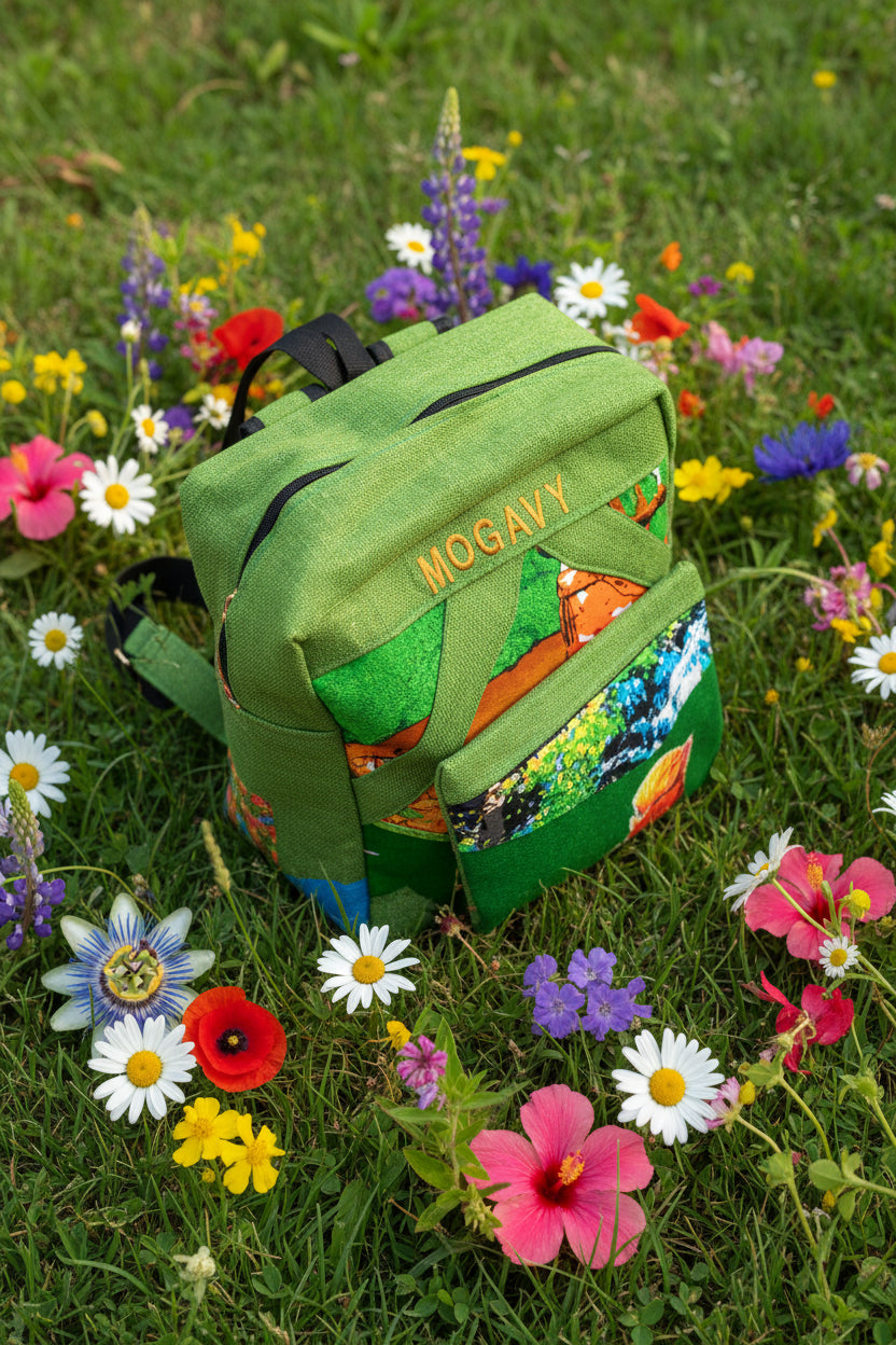 Sac à dos artisanal "Mogavy". Vert jungle et motifs traditionnels