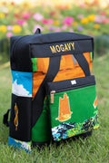 Sac à dos artisanal MOGAVY, Toile de jute noir et motifs paysages africains illustrés