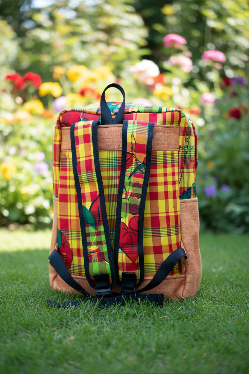 Sac à dos artisanal en toile de jute et tissu madras – Édition cartographie