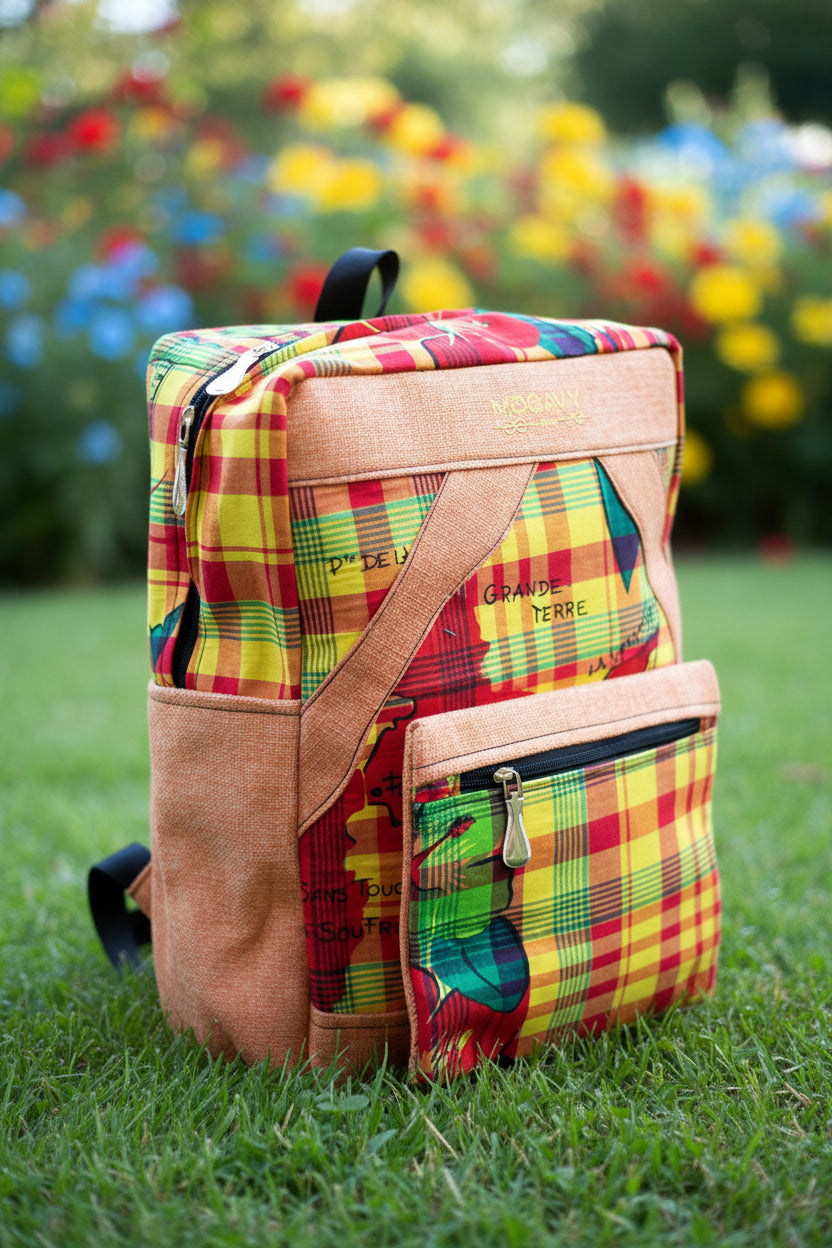 Sac à dos artisanal en toile de jute et tissu madras – Édition cartographie