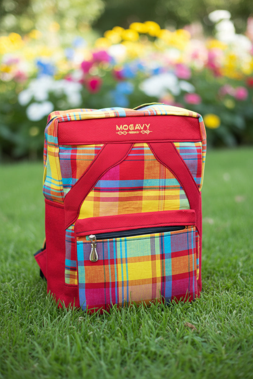 Sac à dos artisanal en madras et toile de jute. Le voyageur