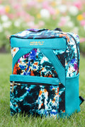 Sac à dos artisanal en toile de jute turquoise et motifs abstraits multi-couleurs