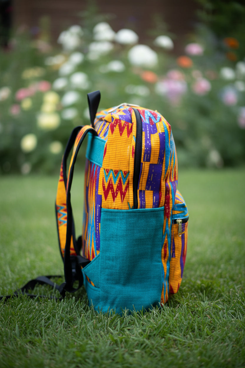 Sac à dos en pagne wax et toile de lin. Edition artisanale