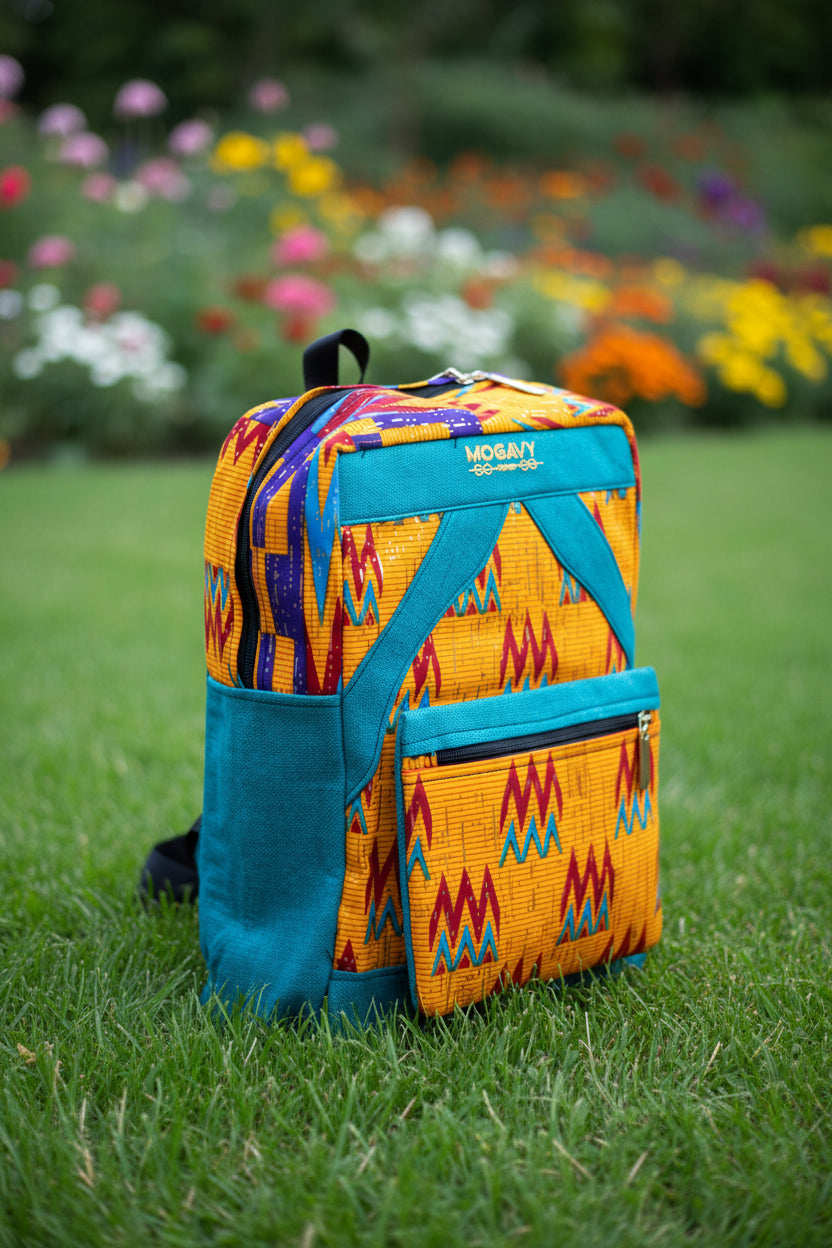 Sac à dos en pagne wax et toile de lin. Edition artisanale