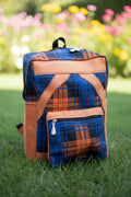 Sac à dos artisanal en tartan bleu & toile de jute orange-Mogavy.Sewing.