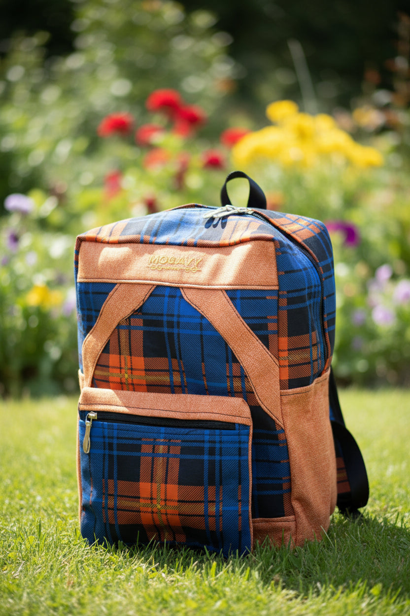 Sac à dos artisanal en tartan bleu & toile de jute orange-Mogavy.Sewing.