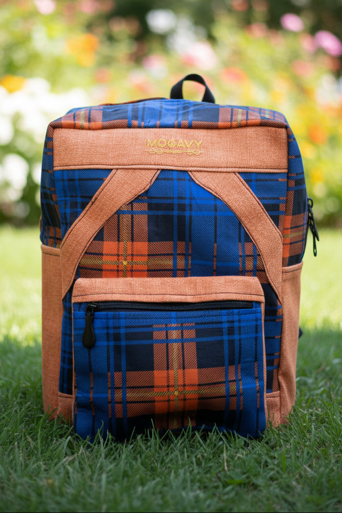 Sac à dos artisanal en tartan bleu & toile de jute orange-Mogavy.Sewing.