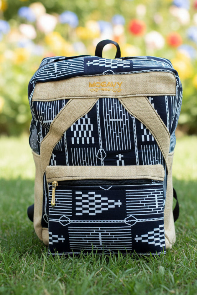 Sac à dos artisanal en toile de jute & pagne africain : L'Échappée Graphique