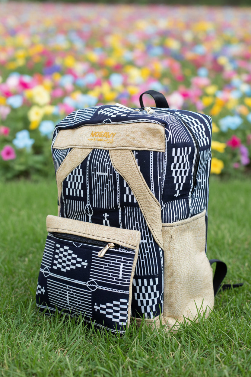 Sac à dos artisanal en toile de jute & pagne africain : L'Échappée Graphique